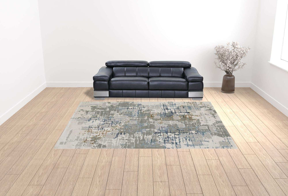 10' X 13' Grey Blue Brown Ivory And Deep Blue Abstract Power Loom Stain Resistant Area Rug - Homeroots - Flyclothing LLC