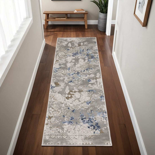 2' X 8' Grey Blue Ivory Brown And Navy Abstract Power Loom Stain Resistant Runner Rug - Homeroots - Flyclothing LLC