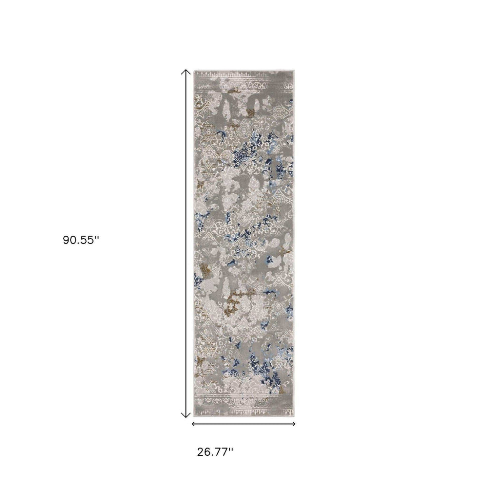 2' X 8' Grey Blue Ivory Brown And Navy Abstract Power Loom Stain Resistant Runner Rug - Homeroots - Flyclothing LLC