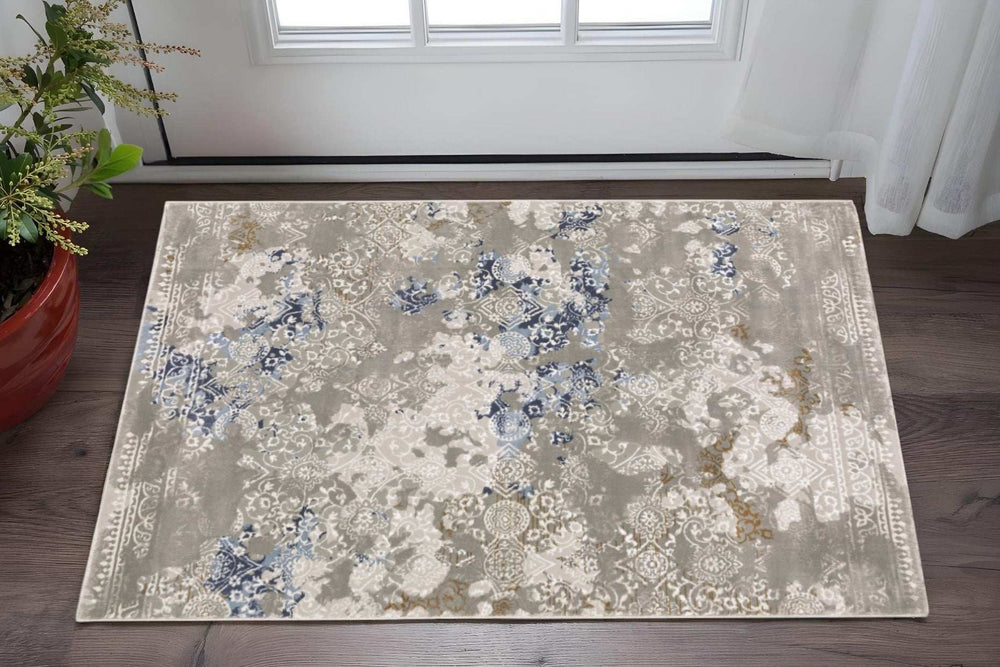 3' X 5' Grey Blue Ivory Brown And Navy Abstract Power Loom Stain Resistant Area Rug - Homeroots - Flyclothing LLC