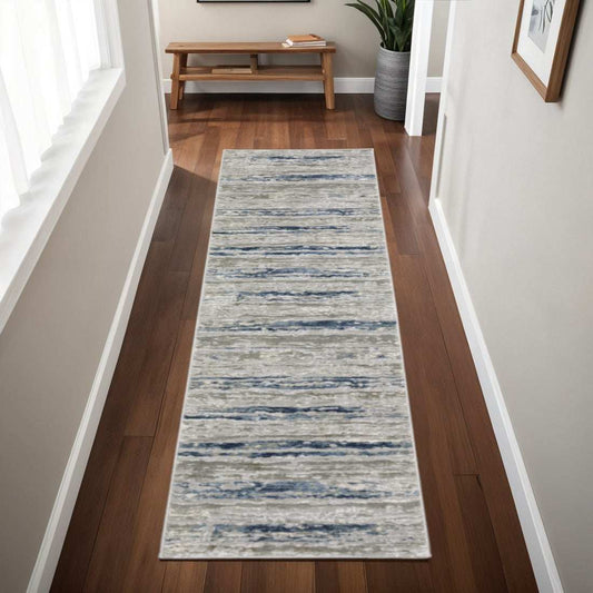 2' X 8' Grey Blue Light Blue Ivory And Brown Abstract Power Loom Stain Resistant Runner Rug - Homeroots - Flyclothing LLC