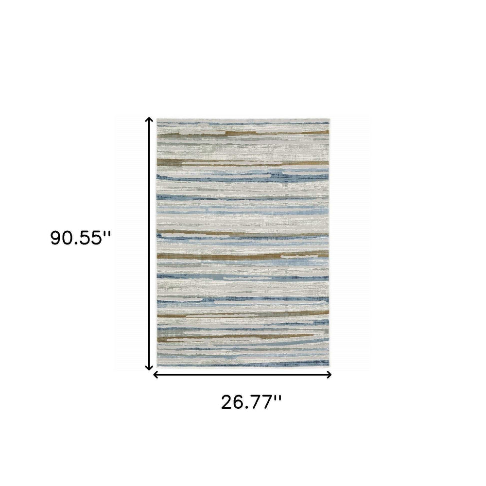 2' X 8' Grey Blue Ivory Brown Beige And Navy Abstract Power Loom Stain Resistant Runner Rug - Homeroots - Flyclothing LLC