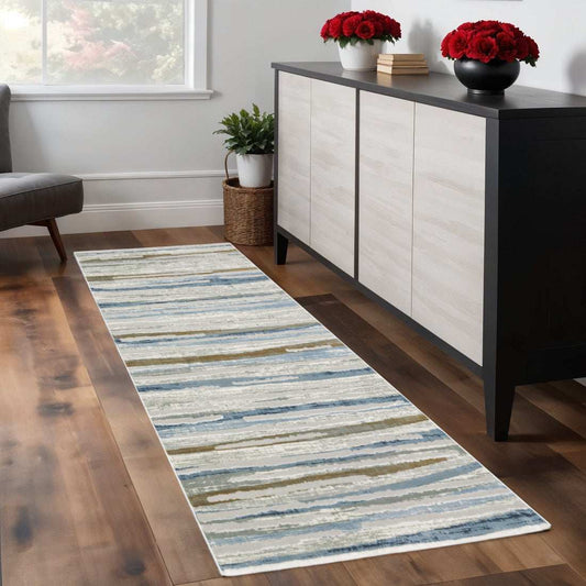 2' X 8' Grey Blue Ivory Brown Beige And Navy Abstract Power Loom Stain Resistant Runner Rug - Homeroots - Flyclothing LLC