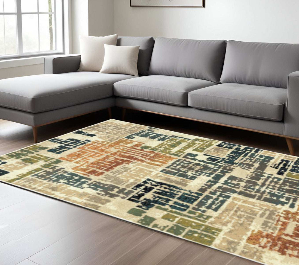 10' X 13' Beige Terracotta Green Navy And Grey Abstract Power Loom Stain Resistant Area Rug - Homeroots - Flyclothing LLC