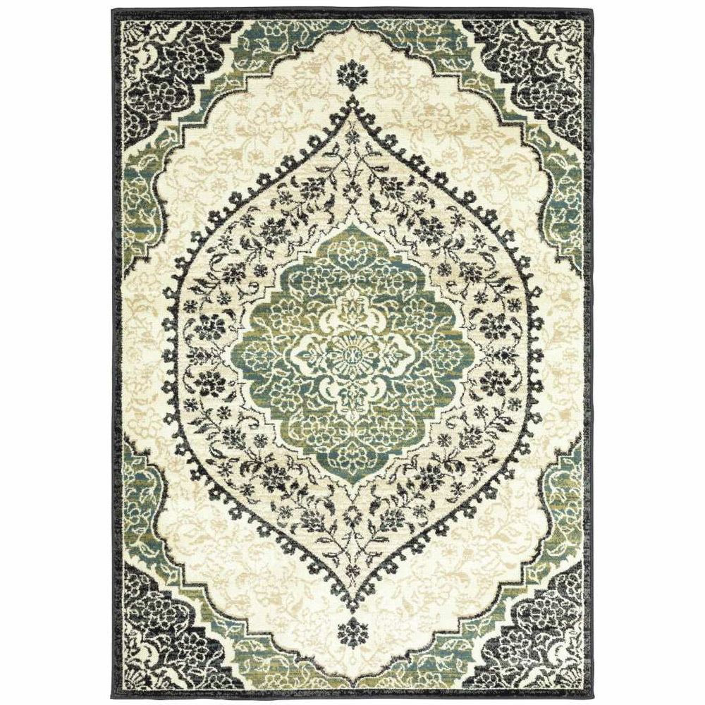 10' X 13' Ivory Navy And Green Oriental Power Loom Stain Resistant Area Rug - Homeroots - Flyclothing LLC