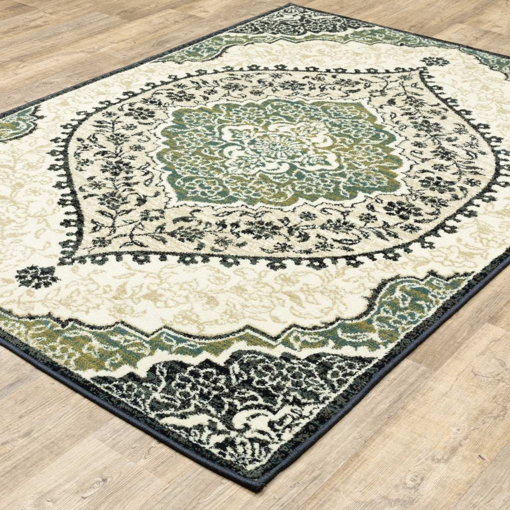 10' X 13' Ivory Navy And Green Oriental Power Loom Stain Resistant Area Rug - Homeroots - Flyclothing LLC