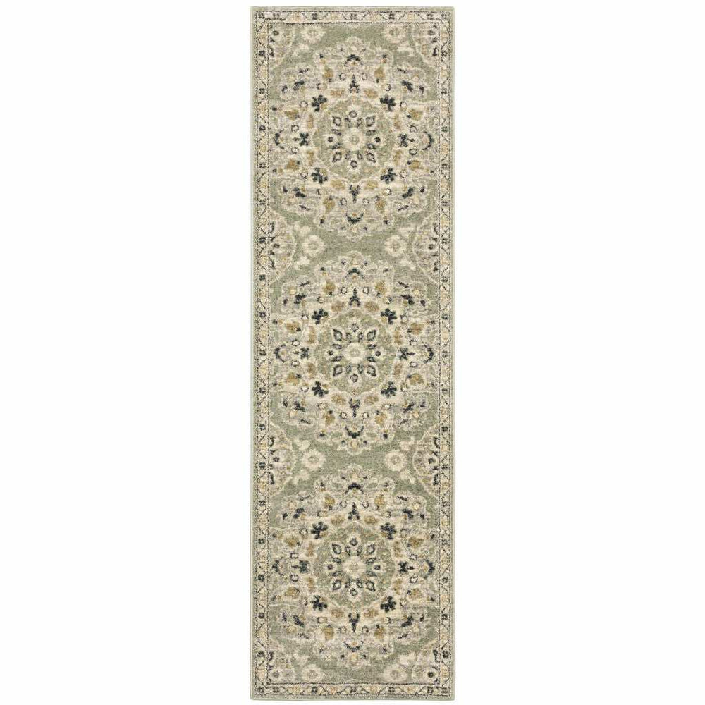 2' X 8' Green Ivory Grey And Tan Floral Power Loom Stain Resistant Runner Rug - Homeroots - Flyclothing LLC