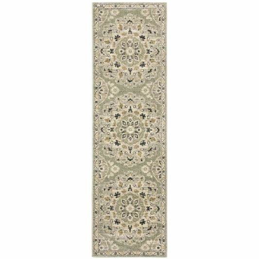 2' X 8' Green Ivory Grey And Tan Floral Power Loom Stain Resistant Runner Rug - Homeroots - Flyclothing LLC