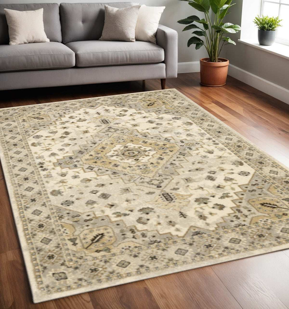 5' X 8' Beige Grey Tan And Brown Oriental Power Loom Stain Resistant Area Rug - Homeroots - Flyclothing LLC