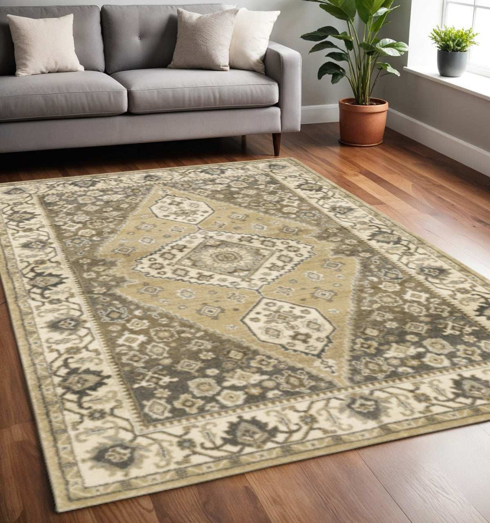 5' X 8' Beige Grey Tan And Charcoal Oriental Power Loom Stain Resistant Area Rug - Homeroots - Flyclothing LLC