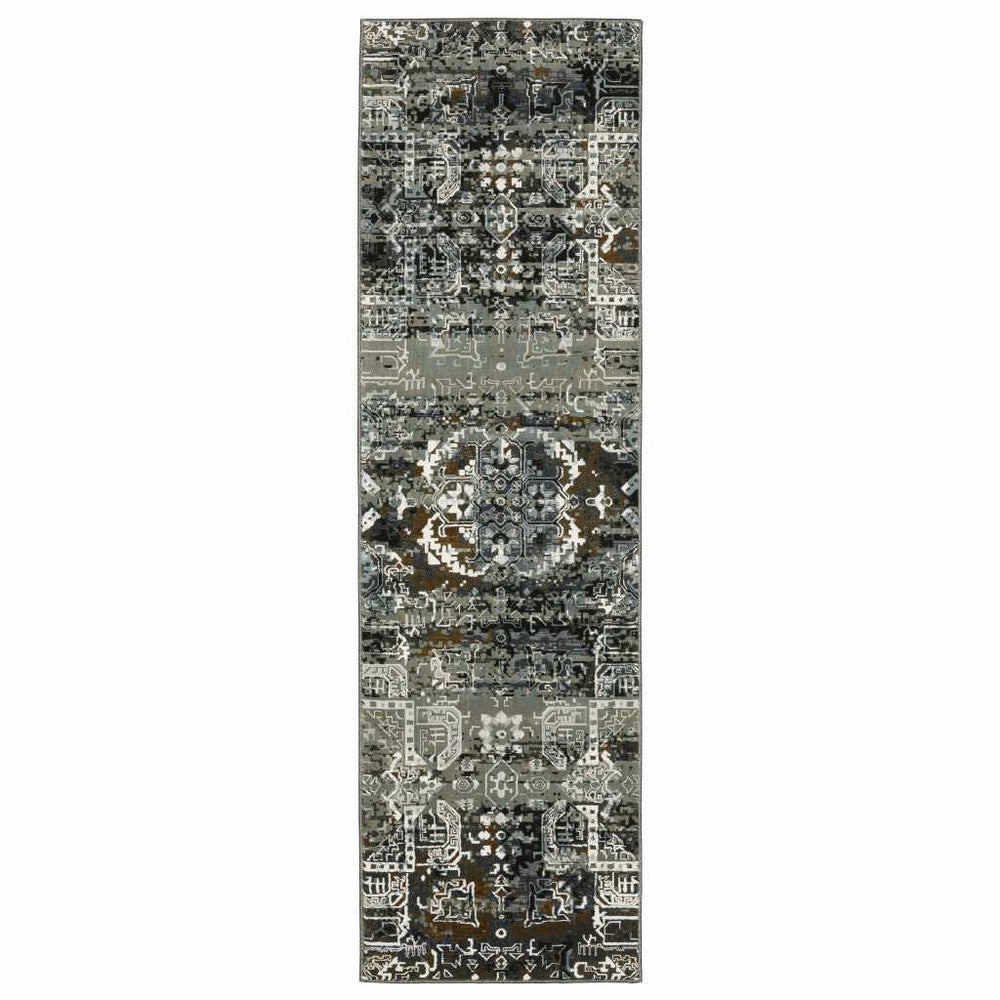 2' X 8' Ivory Charcoal Grey Blue Rust Gold And Brown Oriental Power Loom Stain Resistant Runner Rug - Homeroots - Flyclothing LLC