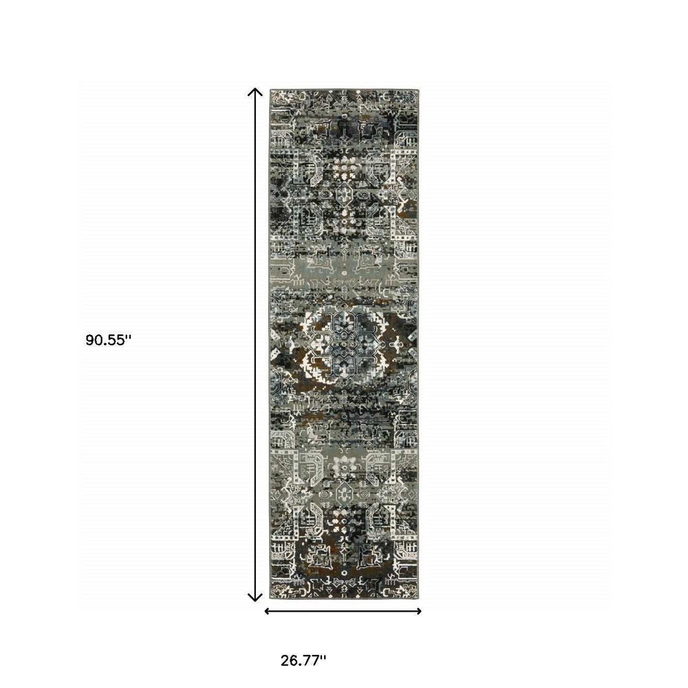 2' X 8' Ivory Charcoal Grey Blue Rust Gold And Brown Oriental Power Loom Stain Resistant Runner Rug - Homeroots - Flyclothing LLC