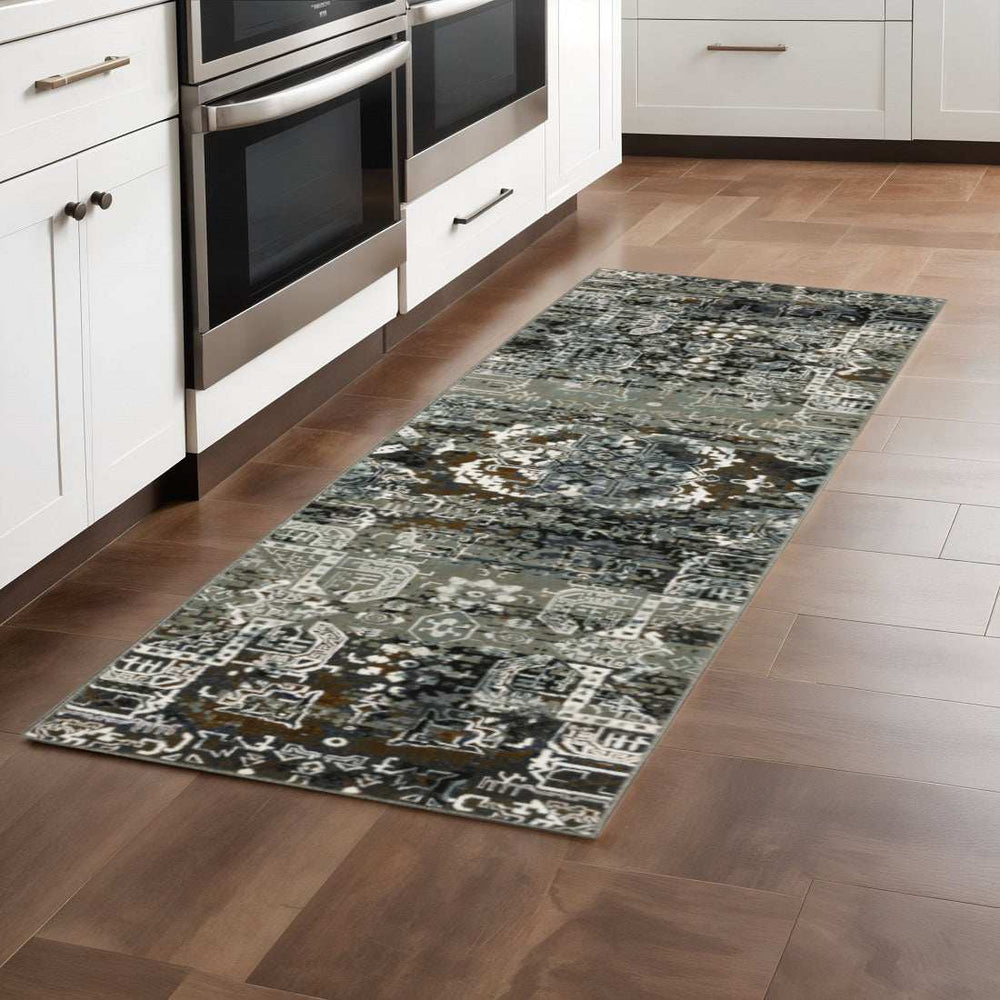 2' X 8' Ivory Charcoal Grey Blue Rust Gold And Brown Oriental Power Loom Stain Resistant Runner Rug - Homeroots - Flyclothing LLC