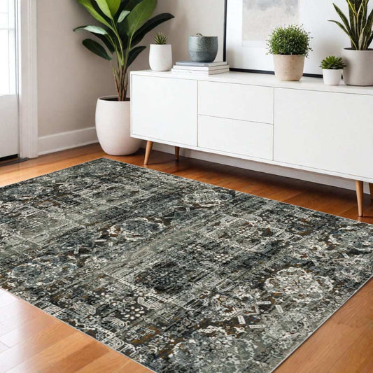 4' X 6' Ivory Charcoal Grey Blue Rust Gold And Brown Oriental Power Loom Stain Resistant Area Rug - Homeroots - Flyclothing LLC