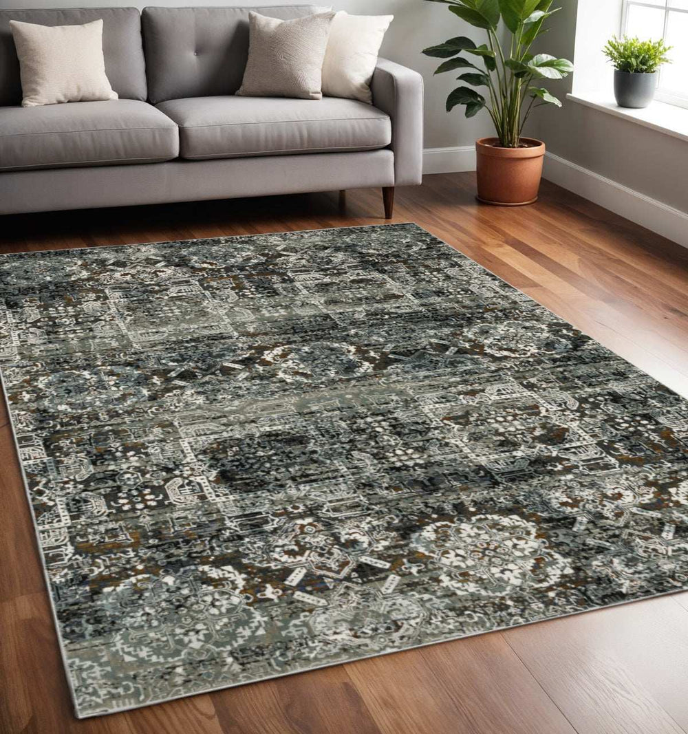 5' X 8' Ivory Charcoal Grey Blue Rust Gold And Brown Oriental Power Loom Stain Resistant Area Rug - Homeroots - Flyclothing LLC