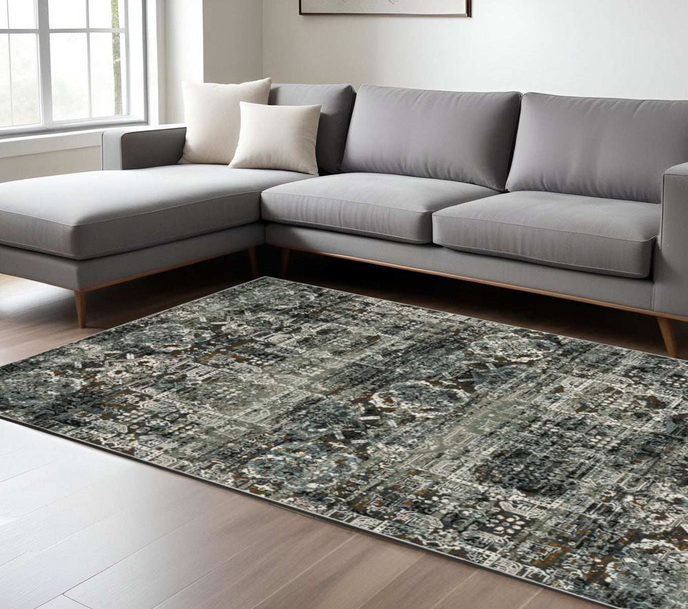 8' X 11' Ivory Charcoal Grey Blue Rust Gold And Brown Oriental Power Loom Stain Resistant Area Rug - Homeroots - Flyclothing LLC