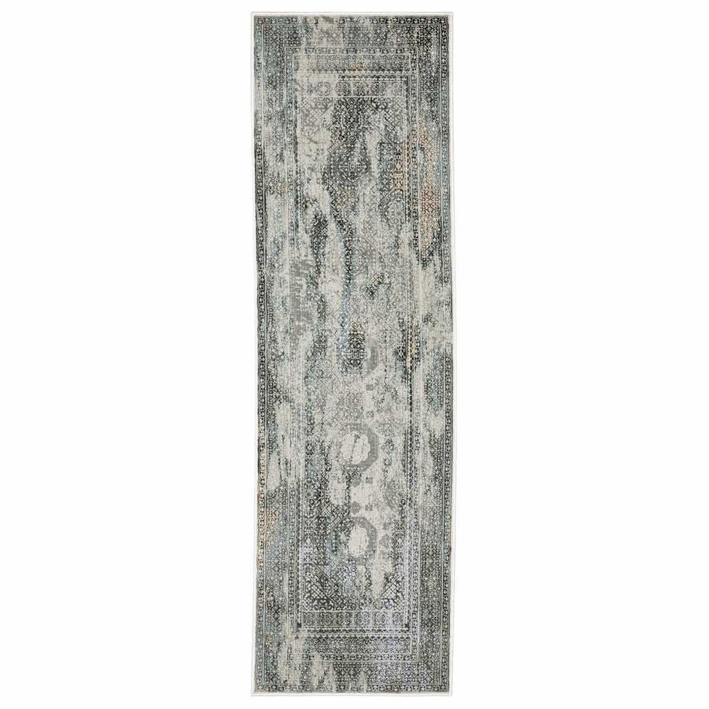 2' X 8' Ivory Grey Charcoal Blue And Rust Oriental Power Loom Stain Resistant Runner Rug - Homeroots - Flyclothing LLC