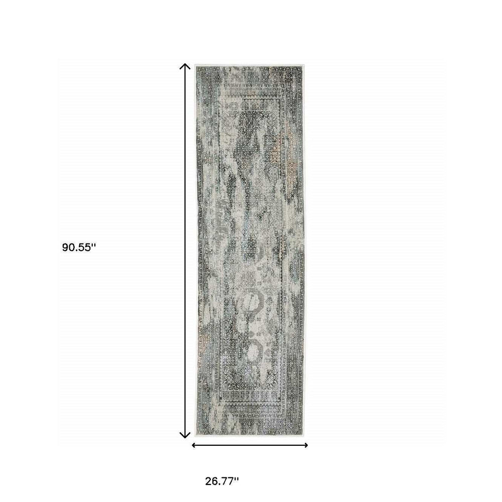 2' X 8' Ivory Grey Charcoal Blue And Rust Oriental Power Loom Stain Resistant Runner Rug - Homeroots - Flyclothing LLC