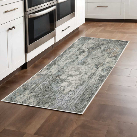 2' X 8' Ivory Grey Charcoal Blue And Rust Oriental Power Loom Stain Resistant Runner Rug - Homeroots - Flyclothing LLC