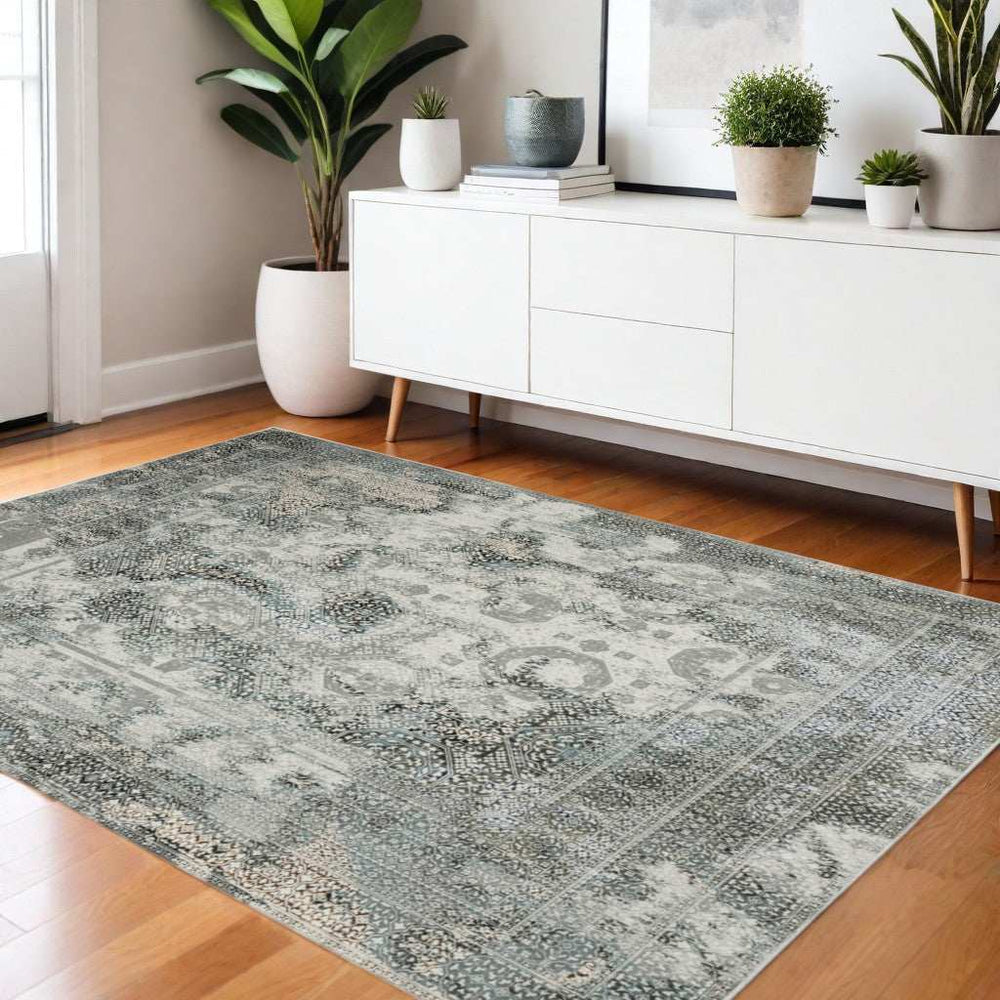 4' X 6' Ivory Grey Charcoal Blue And Rust Oriental Power Loom Stain Resistant Area Rug - Homeroots - Flyclothing LLC