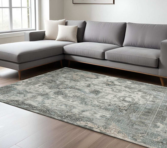 6' X 9' Ivory Grey Charcoal Blue And Rust Oriental Power Loom Stain Resistant Area Rug - Homeroots - Flyclothing LLC