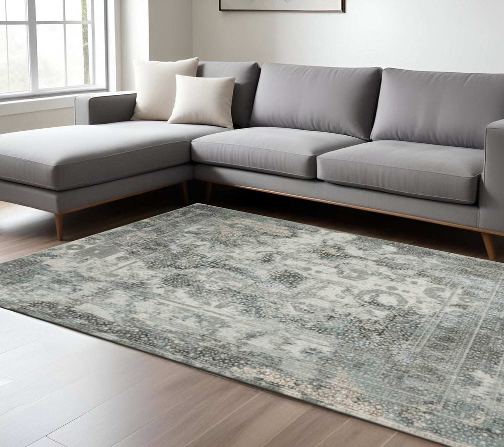8' X 11' Ivory Grey Charcoal Blue And Rust Oriental Power Loom Stain Resistant Area Rug - Homeroots - Flyclothing LLC