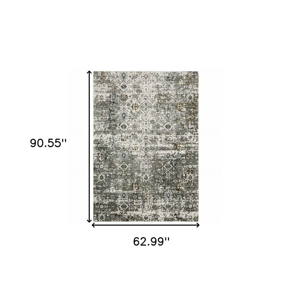 5' X 8' Ivory Grey Charcoal Rust Gold And Brown Oriental Power Loom Stain Resistant Area Rug - Homeroots - Flyclothing LLC