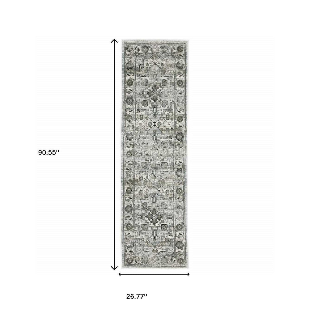 2' X 8' Ivory Grey Charcoal Blue And Taupe Oriental Power Loom Stain Resistant Runner Rug - Homeroots - Flyclothing LLC
