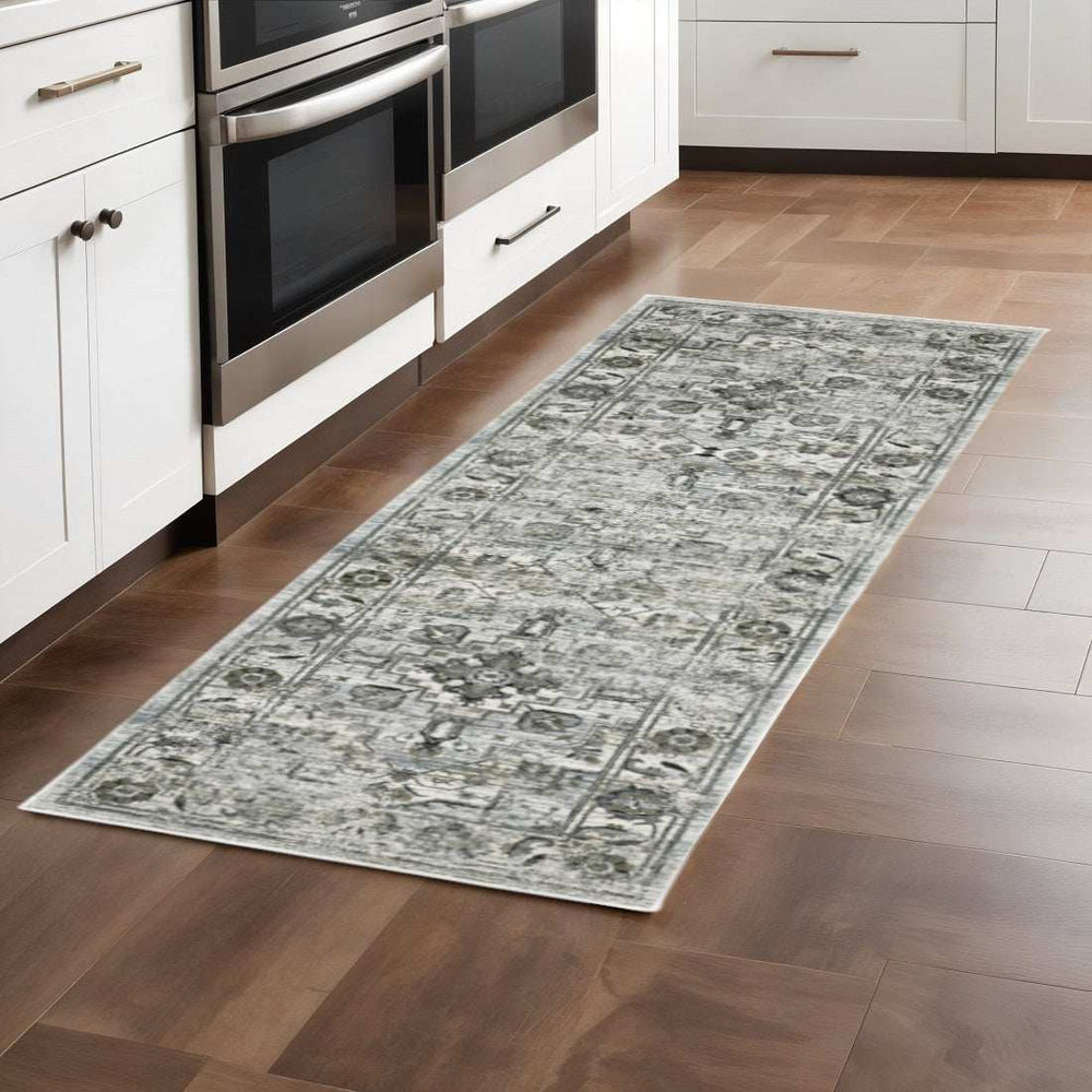 2' X 8' Ivory Grey Charcoal Blue And Taupe Oriental Power Loom Stain Resistant Runner Rug - Homeroots - Flyclothing LLC