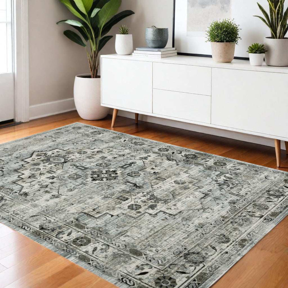 4' X 6' Ivory Grey Charcoal Blue And Taupe Oriental Power Loom Stain Resistant Area Rug - Homeroots - Flyclothing LLC