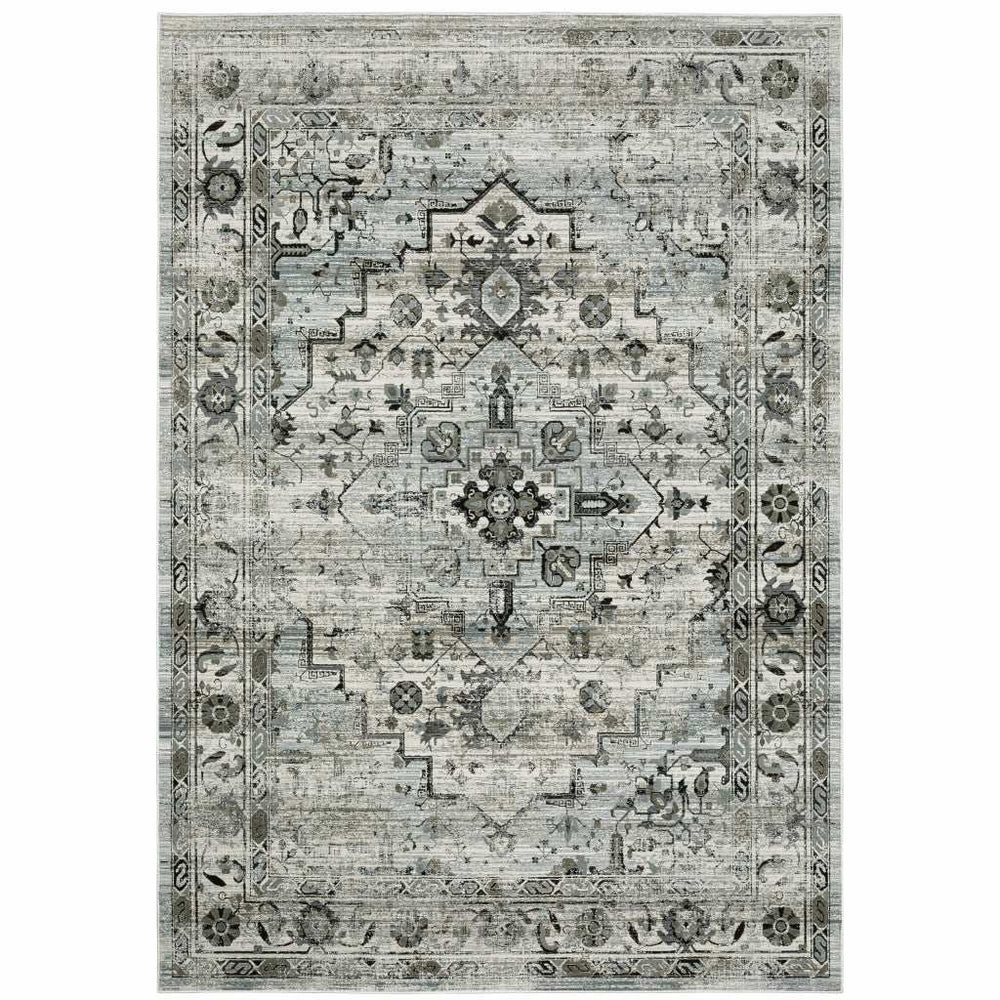 5' X 8' Ivory Grey Charcoal Blue And Taupe Oriental Power Loom Stain Resistant Area Rug - Homeroots - Flyclothing LLC