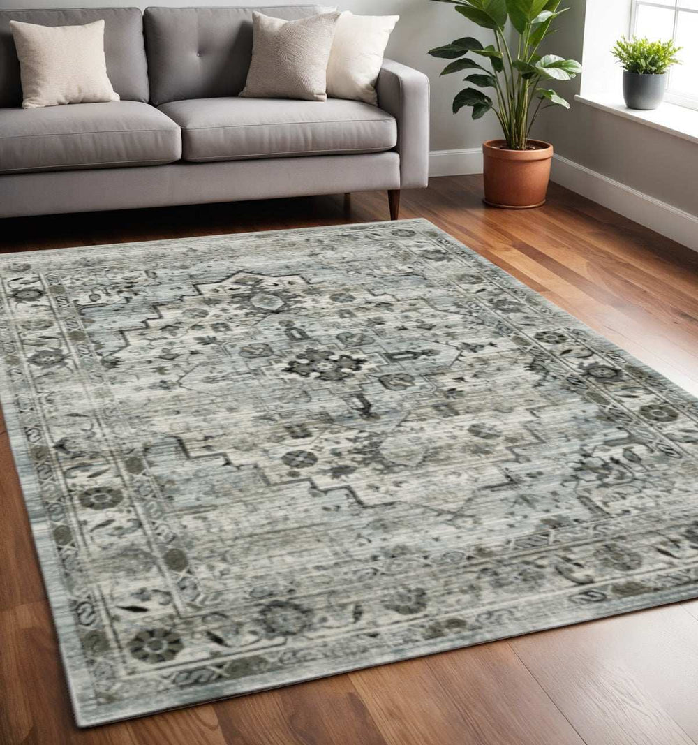 5' X 8' Ivory Grey Charcoal Blue And Taupe Oriental Power Loom Stain Resistant Area Rug - Homeroots - Flyclothing LLC