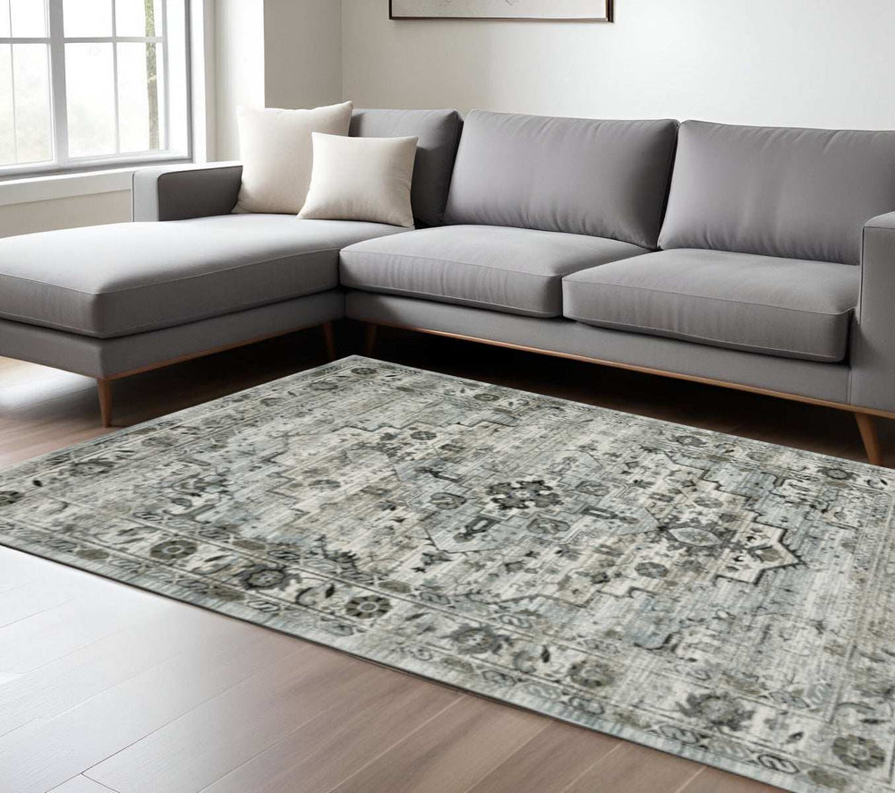 6' X 9' Ivory Grey Charcoal Blue And Taupe Oriental Power Loom Stain Resistant Area Rug - Homeroots - Flyclothing LLC
