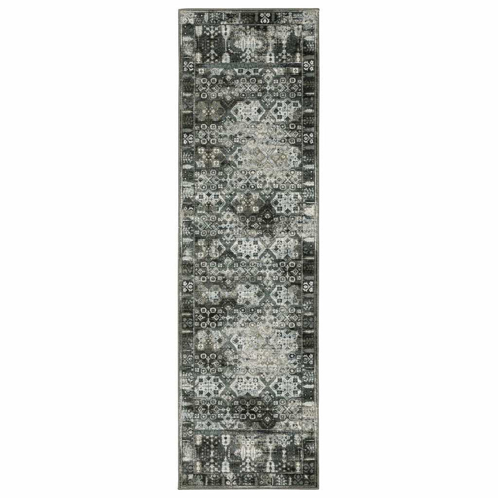 2' X 8' Charcoal Grey Blue Ivory And Taupe Oriental Power Loom Stain Resistant Runner Rug - Homeroots - Flyclothing LLC