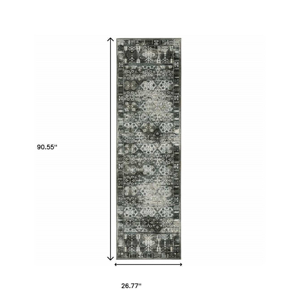 2' X 8' Charcoal Grey Blue Ivory And Taupe Oriental Power Loom Stain Resistant Runner Rug - Homeroots - Flyclothing LLC
