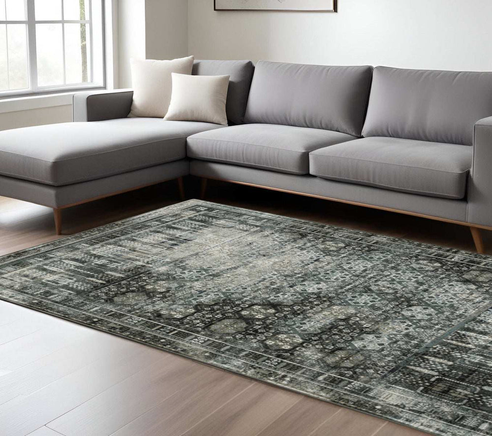 8' X 11' Charcoal Grey Blue Ivory And Taupe Oriental Power Loom Stain Resistant Area Rug - Homeroots - Flyclothing LLC
