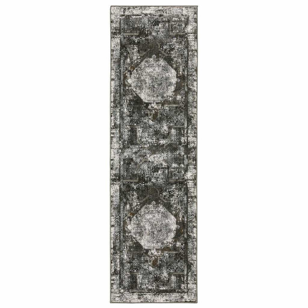 2' X 8' Charcoal Rust Grey Blue Ivory And Brown Oriental Power Loom Stain Resistant Runner Rug - Homeroots - Flyclothing LLC