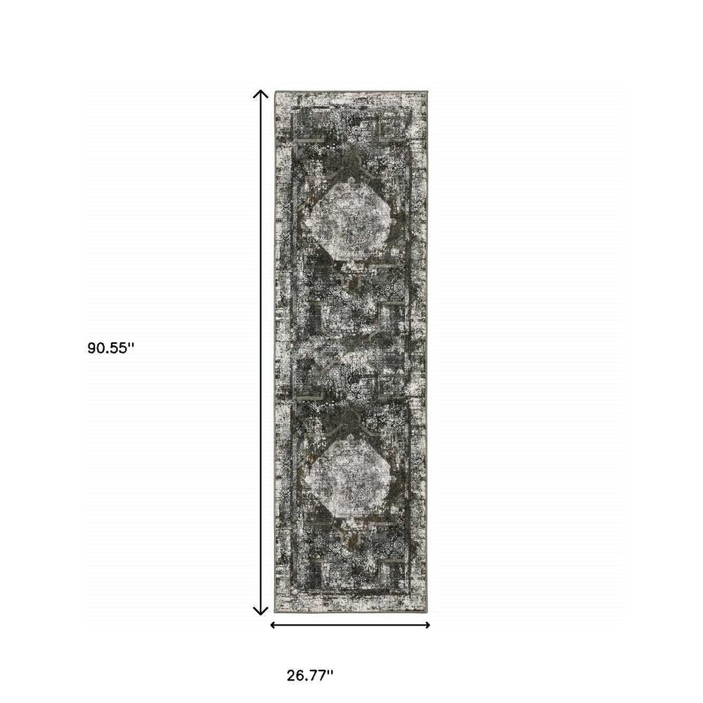 2' X 8' Charcoal Rust Grey Blue Ivory And Brown Oriental Power Loom Stain Resistant Runner Rug - Homeroots - Flyclothing LLC