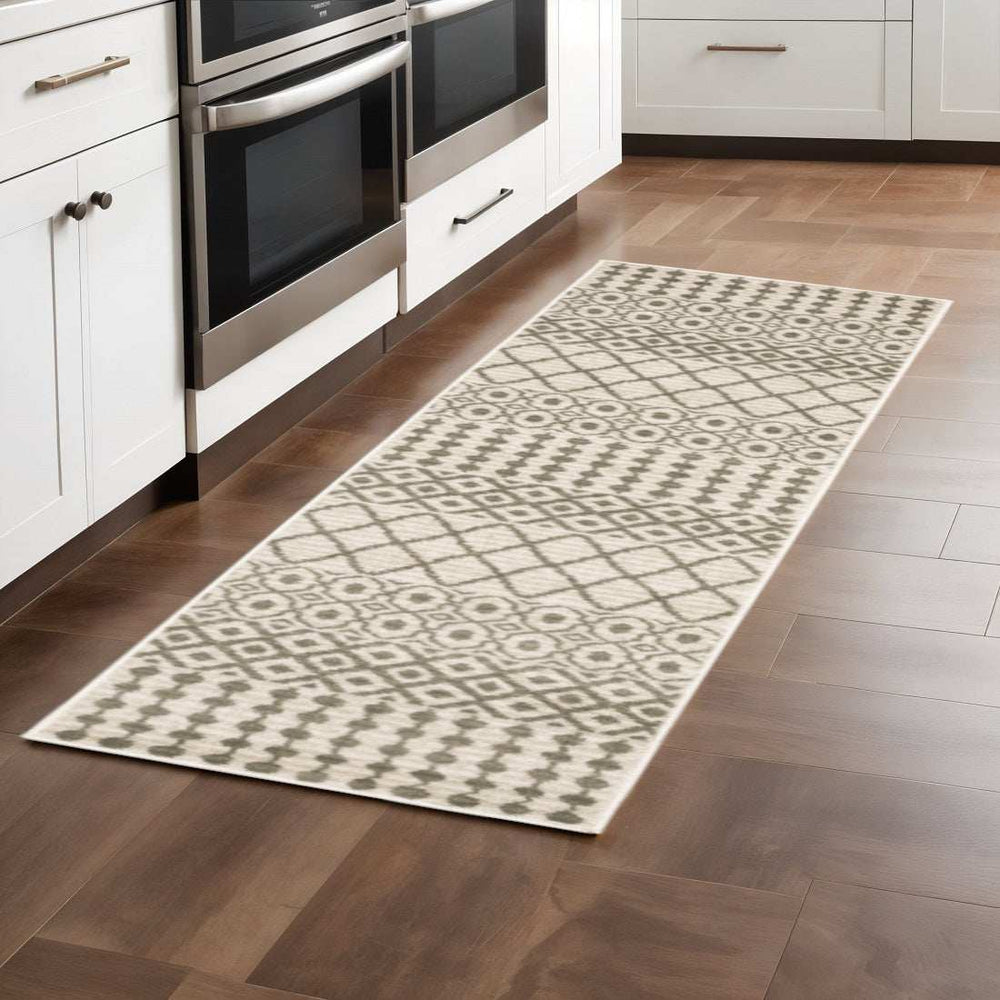 2' X 8' Ivory And Grey Geometric Power Loom Stain Resistant Runner Rug - Homeroots - Flyclothing LLC