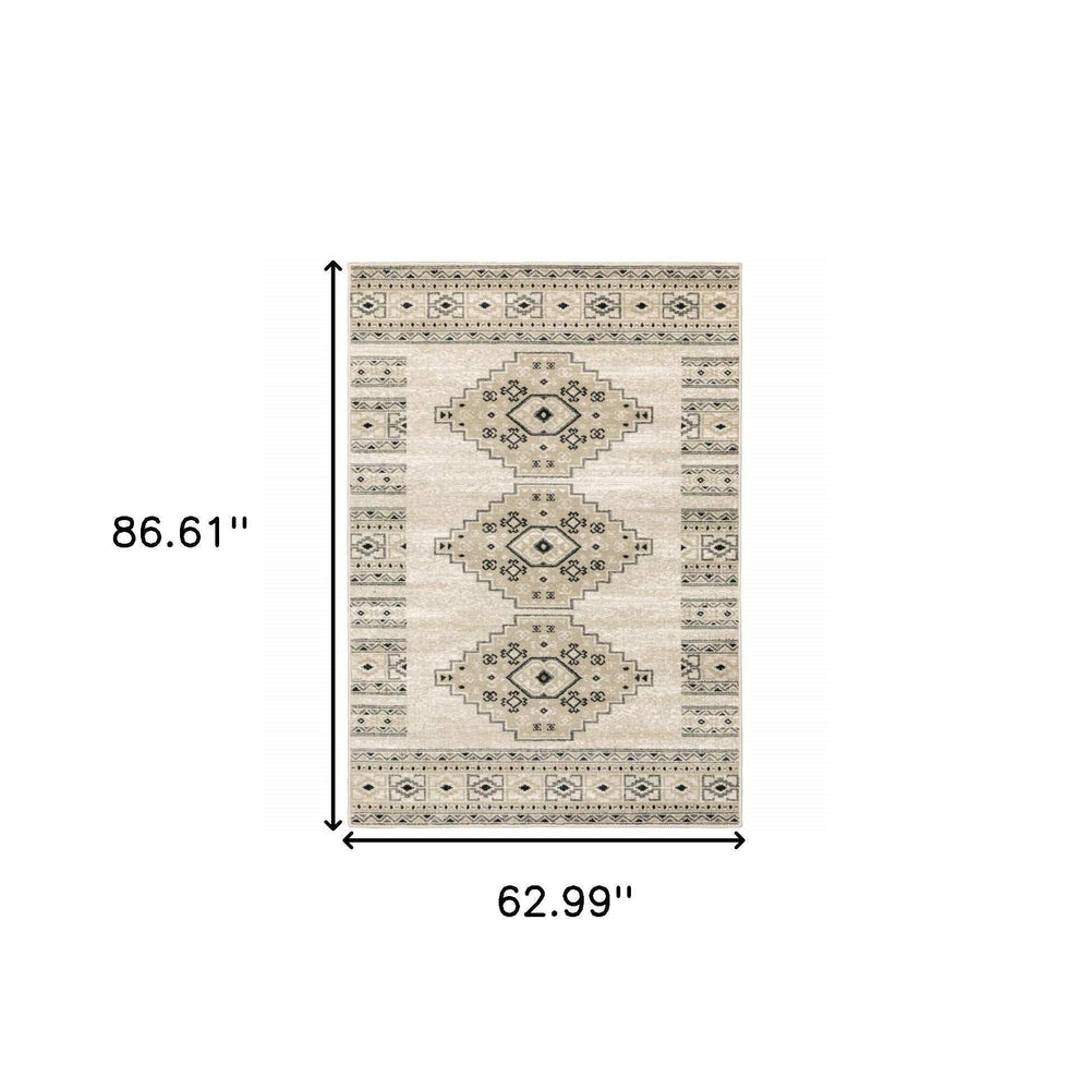 5' X 7' Ivory Grey Black And Ivory Southwestern Power Loom Stain Resistant Area Rug - Homeroots - Flyclothing LLC