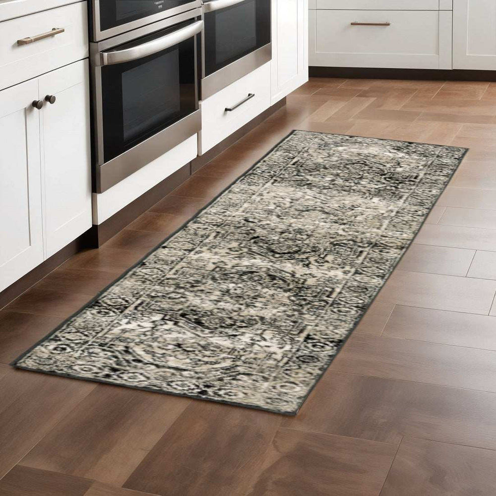 2' X 8' Black Grey Tan And Ivory Oriental Power Loom Stain Resistant Runner Rug - Homeroots - Flyclothing LLC