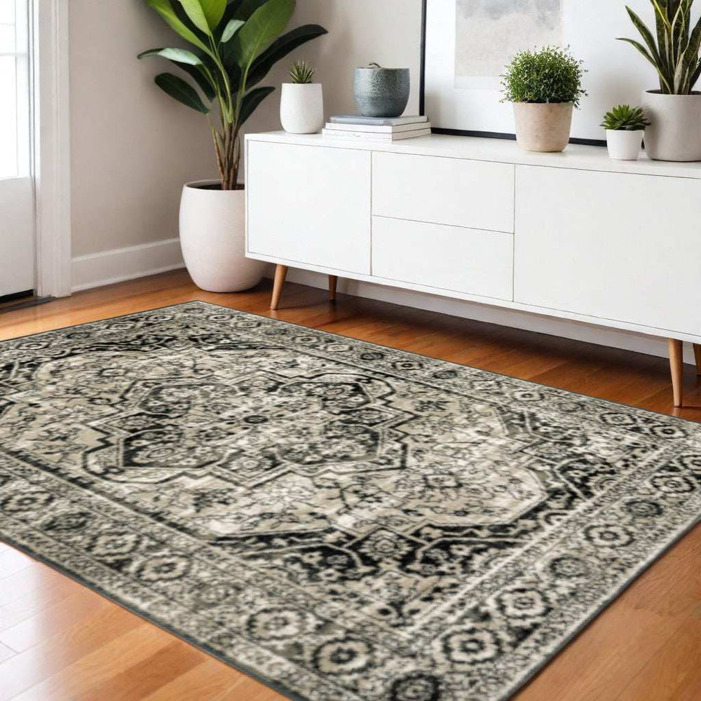 4' X 6' Black Grey Tan And Ivory Oriental Power Loom Stain Resistant Area Rug - Homeroots - Flyclothing LLC
