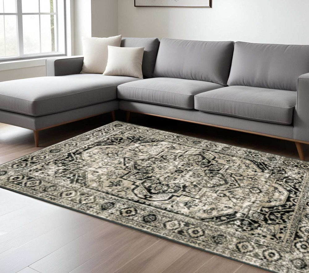 6' X 9' Black Grey Tan And Ivory Oriental Power Loom Stain Resistant Area Rug - Homeroots - Flyclothing LLC