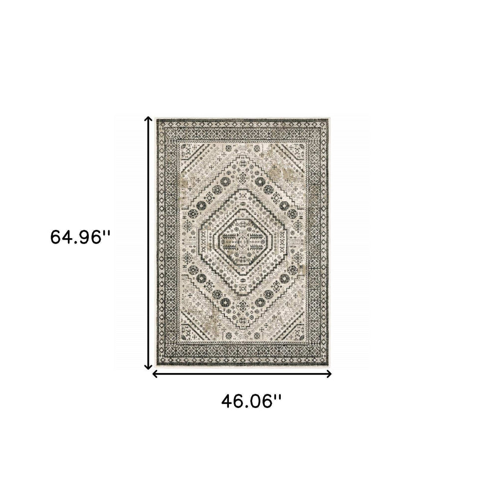 4' X 6' Ivory Grey Black And Ivory Oriental Power Loom Stain Resistant Area Rug - Homeroots - Flyclothing LLC