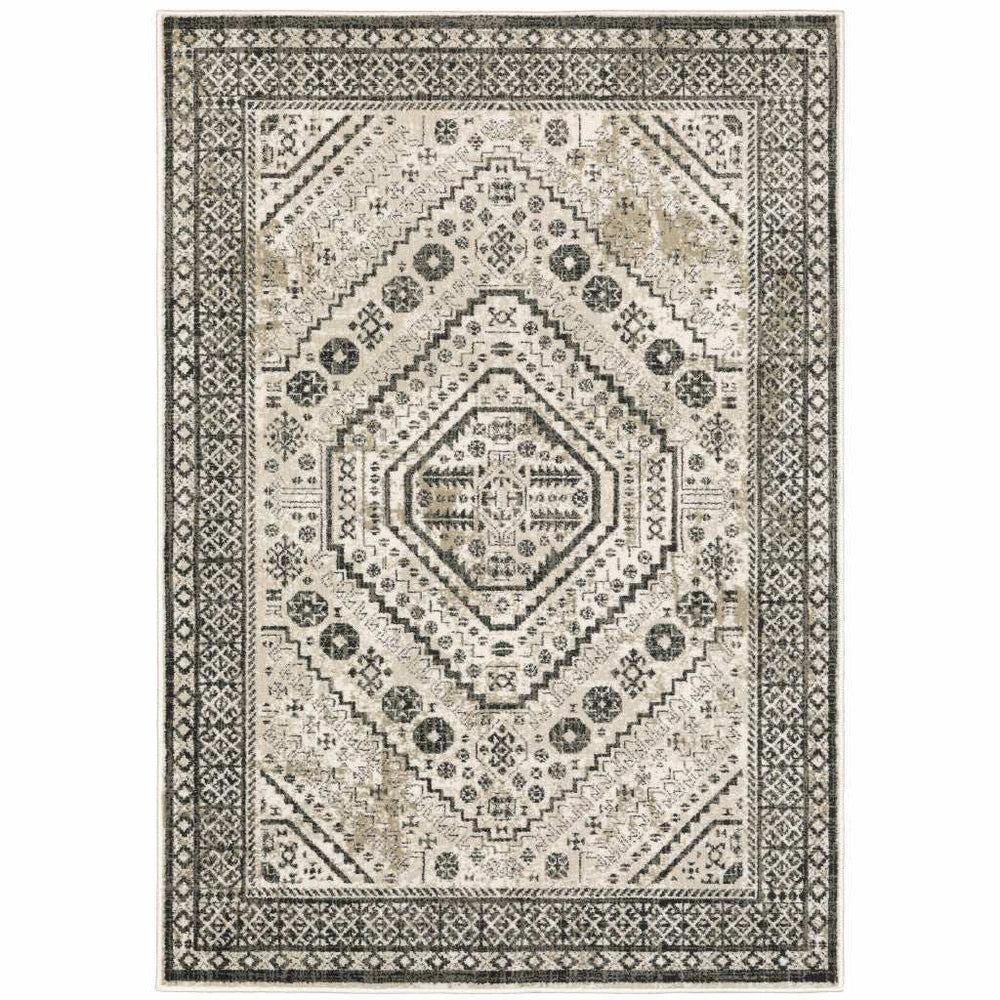 5' X 7' Ivory Grey Black And Ivory Oriental Power Loom Stain Resistant Area Rug - Homeroots - Flyclothing LLC