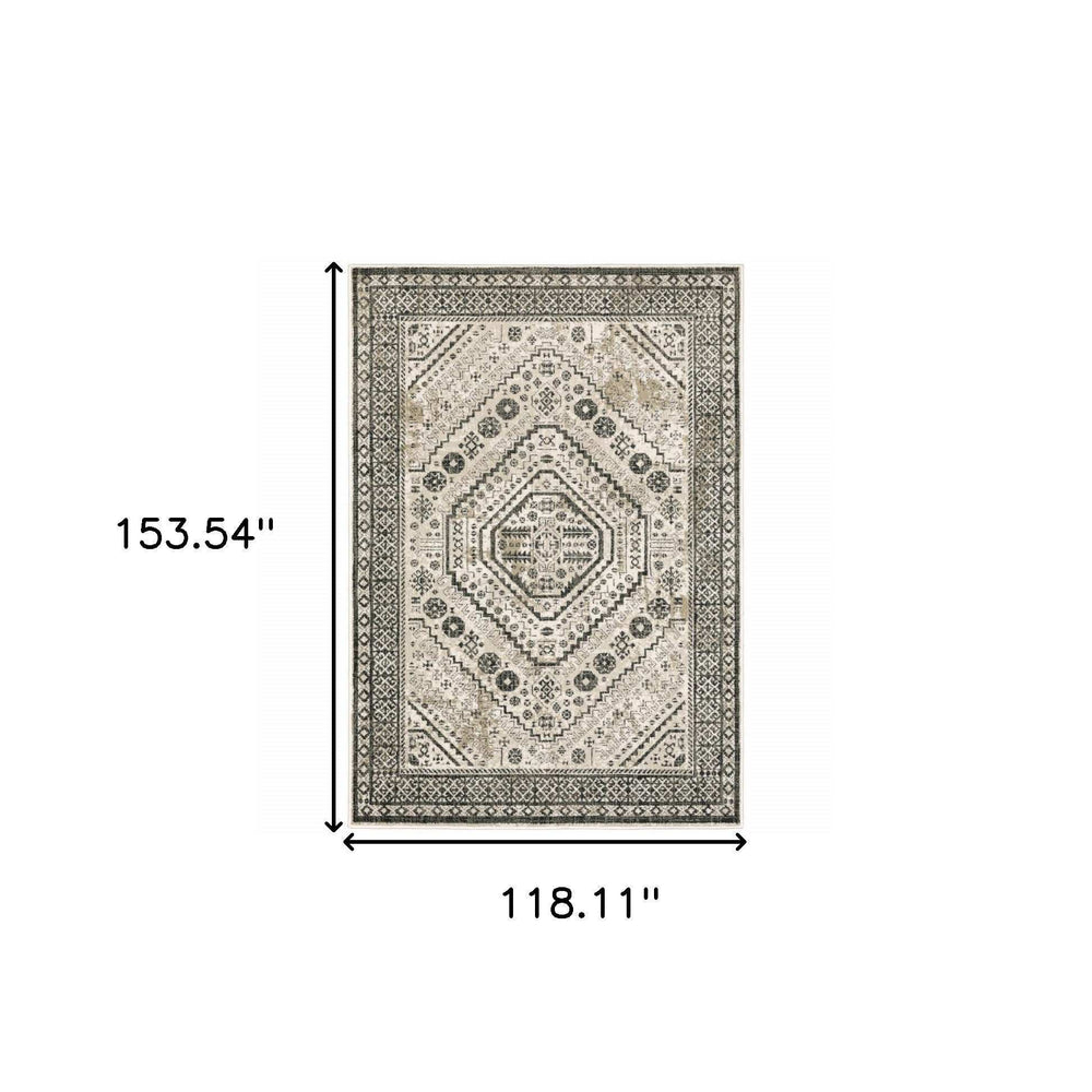 10' X 13' Ivory Grey Black And Ivory Oriental Power Loom Stain Resistant Area Rug - Homeroots - Flyclothing LLC