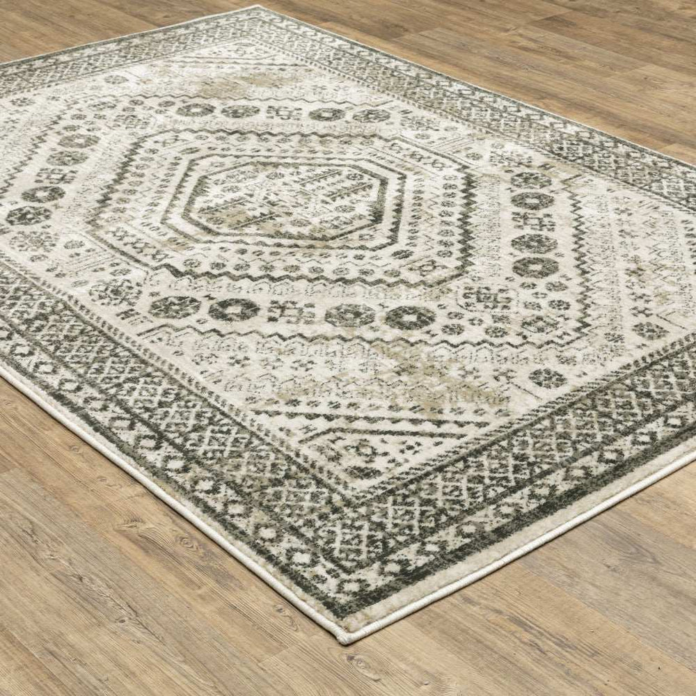 10' X 13' Ivory Grey Black And Ivory Oriental Power Loom Stain Resistant Area Rug - Homeroots - Flyclothing LLC