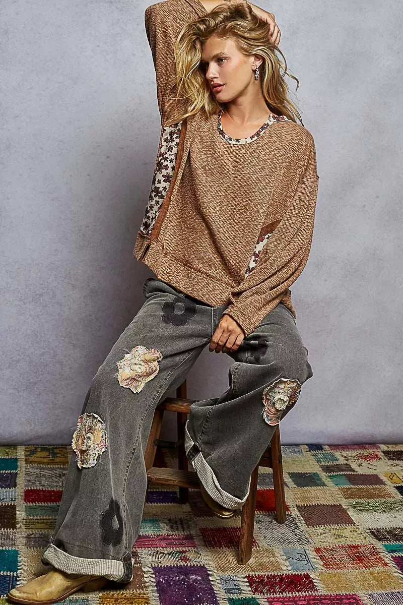 POL Balloon Sleeve Oversized Ribbed Top with Floral Pattern Contrast - Trendsi - Flyclothing LLC