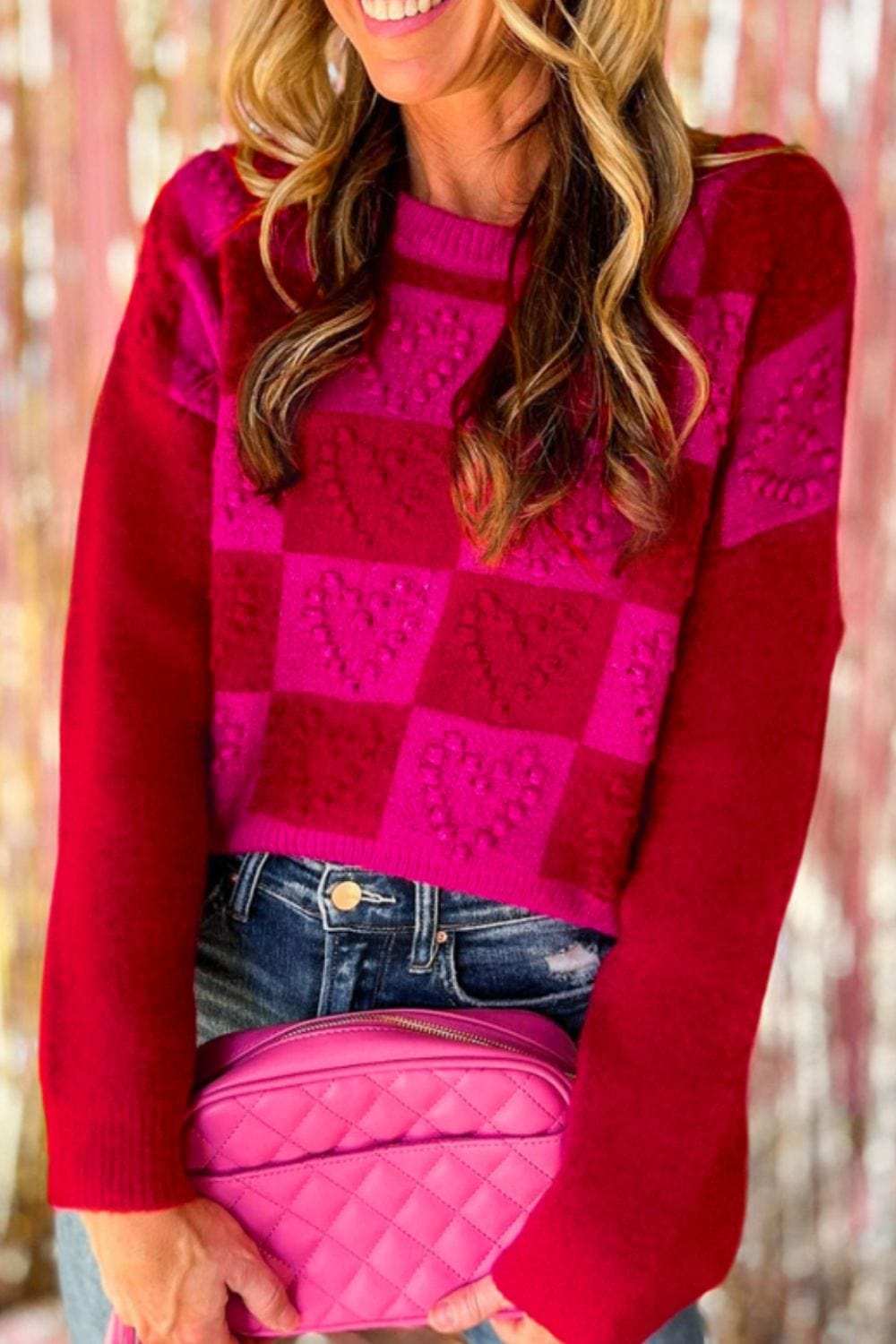 Checkered Round Neck Dropped Shoulder Sweater - Trendsi - Flyclothing LLC