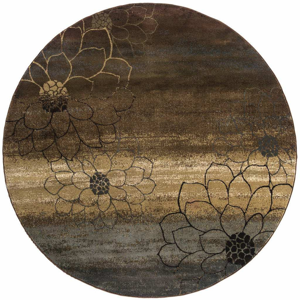 8' Brown Round Floral Power Loom Stain Resistant Area Rug - Homeroots - Flyclothing LLC
